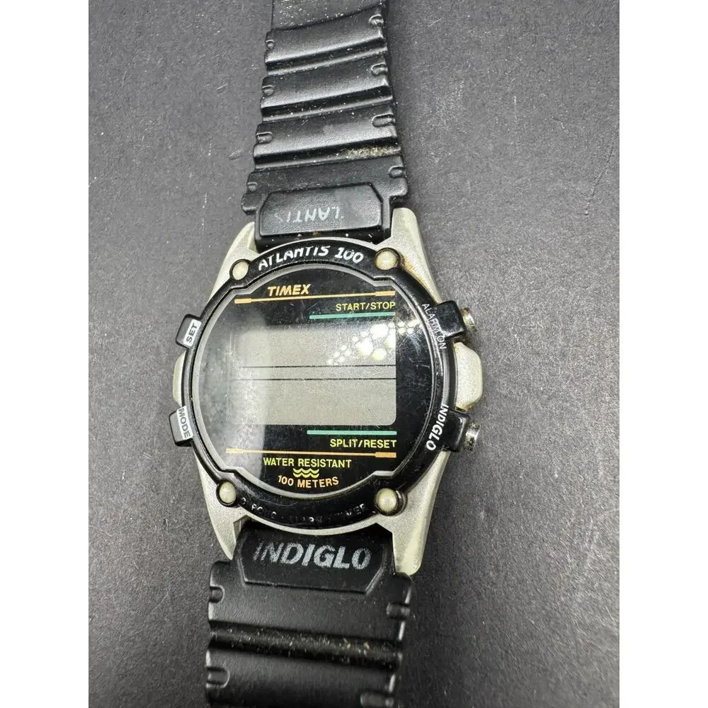 Vtg Timex Atlantis 100 Watch Men 40mm Indiglo Black Silver Tone Black Resin Band